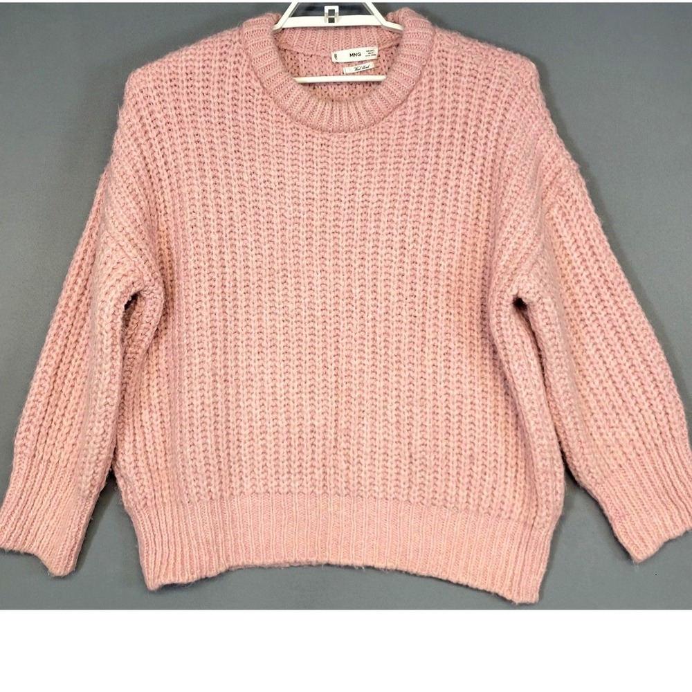 Mango MNG Chunky Knit Wool Blend Pullover Sweater Womens L Pink